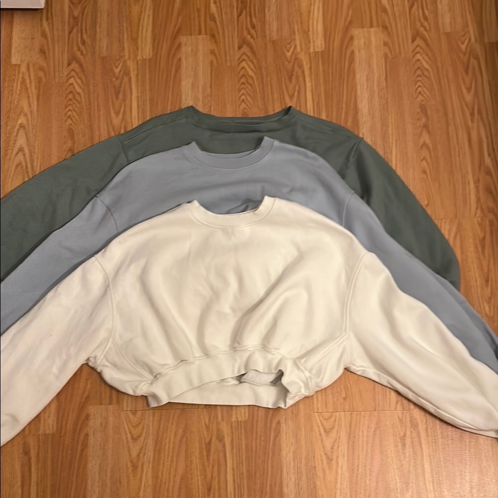 Set of Three Cropped Sweatshirts in Green, Blue, and Cream